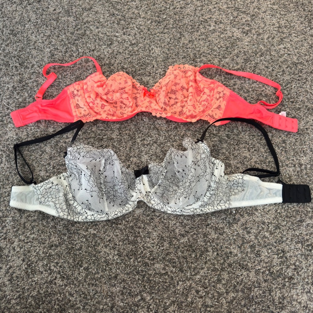 Victoria's Secret Very Sexy Unlined Demi Bra Lot 2 Lace Coral White Black 34DD